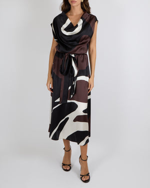 Kiton Custom Made Brown, White and Black Silk Printed Sleeveless Belted Maxi Dress with Elasticated Waist Detail Size IT 42 (UK 10) RRP £2,500