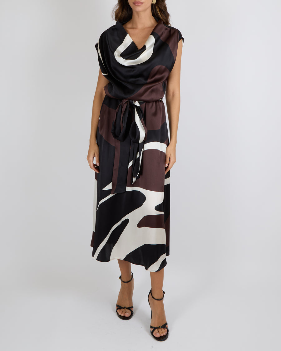 Kiton Custom Made Brown, White and Black Silk Printed Sleeveless Belted Maxi Dress with Elasticated Waist Detail Size IT 42 (UK 10) RRP £2,500