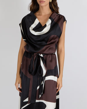 Kiton Custom Made Brown, White and Black Silk Printed Sleeveless Belted Maxi Dress with Elasticated Waist Detail Size IT 42 (UK 10) RRP £2,500