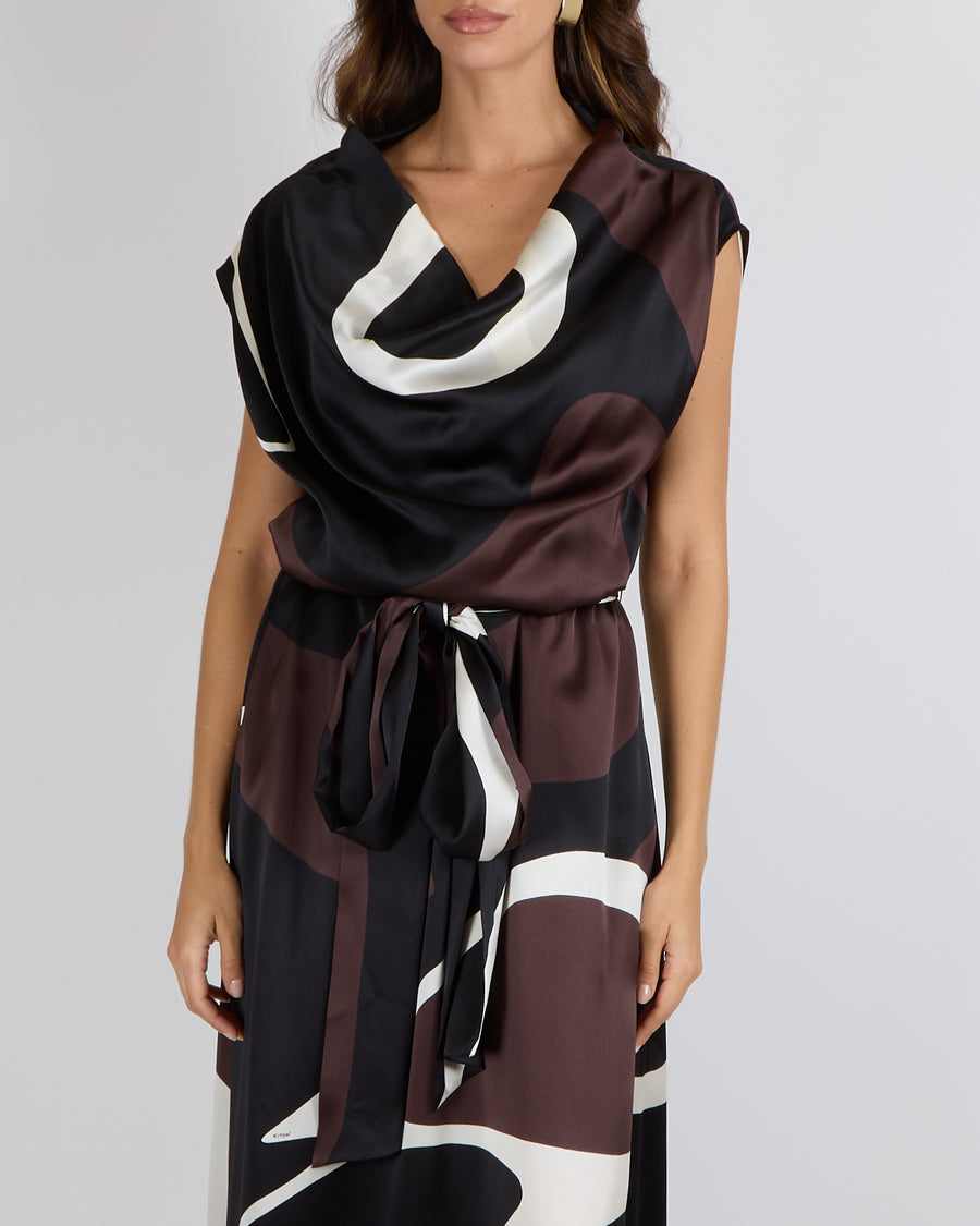 Kiton Custom Made Brown, White and Black Silk Printed Sleeveless Belted Maxi Dress with Elasticated Waist Detail Size IT 42 (UK 10) RRP £2,500