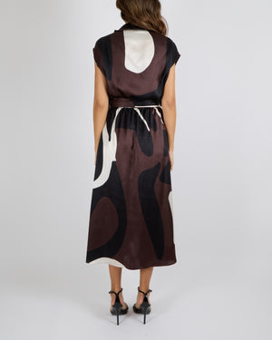 Kiton Custom Made Brown, White and Black Silk Printed Sleeveless Belted Maxi Dress with Elasticated Waist Detail Size IT 42 (UK 10) RRP £2,500