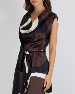 Kiton Custom Made Brown, White and Black Silk Printed Sleeveless Belted Maxi Dress with Elasticated Waist Detail Size IT 42 (UK 10) RRP £2,500