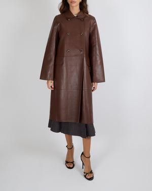 Yves Salomon Long Double-Breasted Coat in Merlot Lambskin Leather with Brown Tortoiseshell Buttons Size FR 42 (UK 14) RRP £2,880