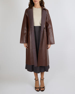 Yves Salomon Long Double-Breasted Coat in Merlot Lambskin Leather with Brown Tortoiseshell Buttons Size FR 42 (UK 14) RRP £2,880