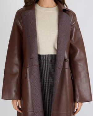Yves Salomon Long Double-Breasted Coat in Merlot Lambskin Leather with Brown Tortoiseshell Buttons Size FR 42 (UK 14) RRP £2,880