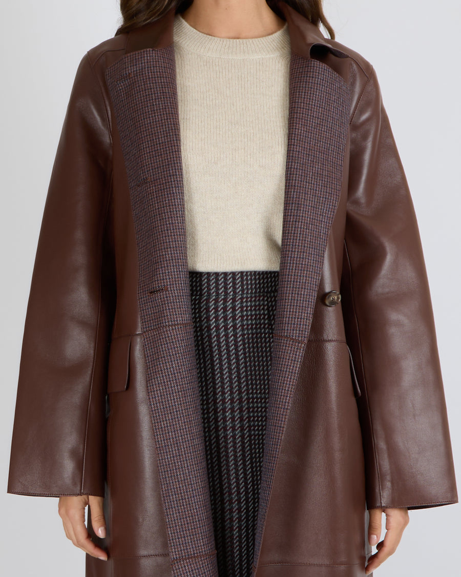 Yves Salomon Long Double-Breasted Coat in Merlot Lambskin Leather with Brown Tortoiseshell Buttons Size FR 42 (UK 14) RRP £2,880