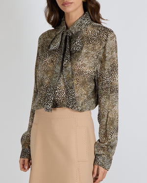 Elie Saab Brown Leopard Print Sheer Blouse with Neck Ribbon Detail Size FR 42 (UK 14)