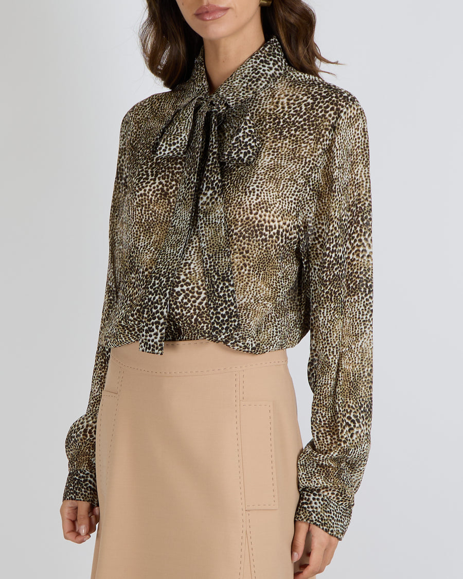 Elie Saab Brown Leopard Print Sheer Blouse with Neck Ribbon Detail Size FR 42 (UK 14)