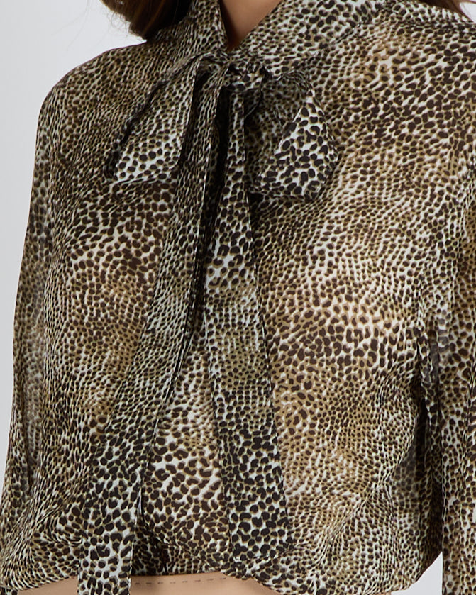 Elie Saab Brown Leopard Print Sheer Blouse with Neck Ribbon Detail Size FR 42 (UK 14)