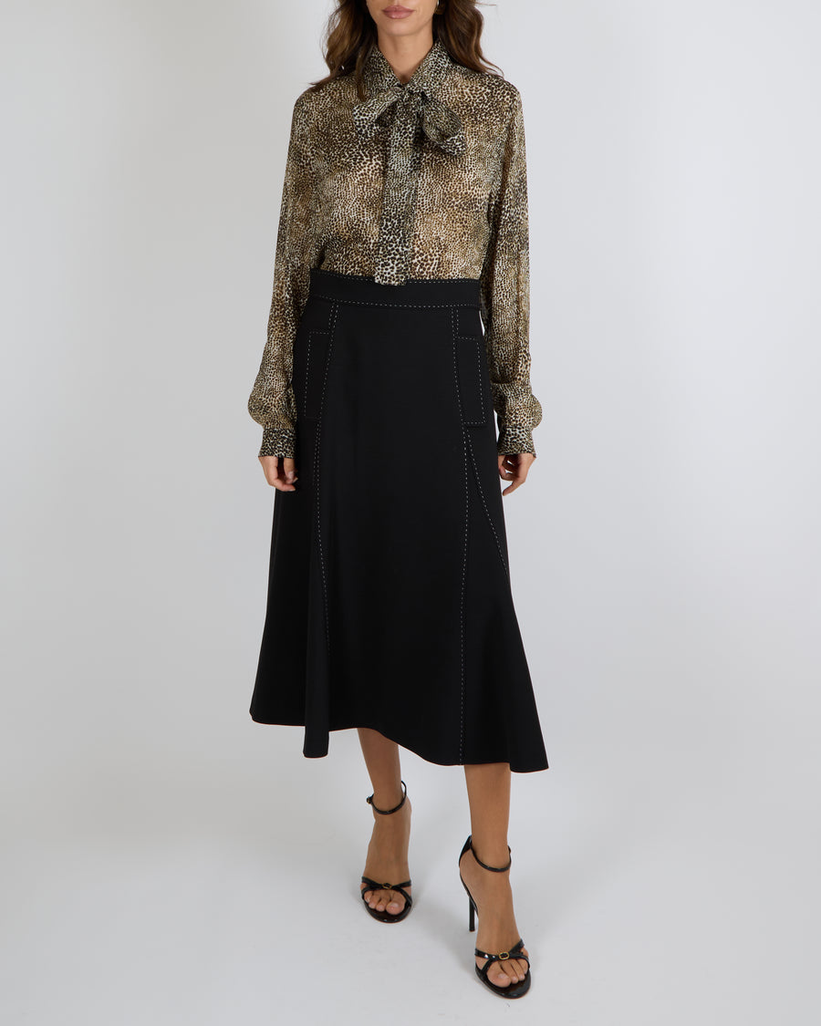 Elie Saab Black Contrast Stitch Midi Skirt Size FR 42 (UK 14) RRP £1,100