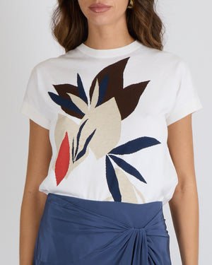 Loro Piana White Knit Short-Sleeved T-Shirt with Beige, Blue and Orange Flower Print Size IT 44 (UK 12)