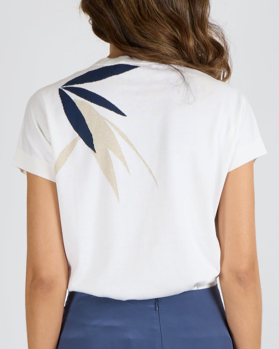 Loro Piana White Knit Short-Sleeved T-Shirt with Beige, Blue and Orange Flower Print Size IT 44 (UK 12)