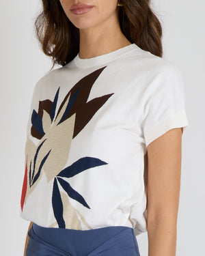 Loro Piana White Knit Short-Sleeved T-Shirt with Beige, Blue and Orange Flower Print Size IT 44 (UK 12)