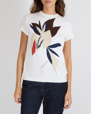 Loro Piana White Knit Short-Sleeved T-Shirt with Beige, Blue and Orange Flower Print Size IT 44 (UK 12)
