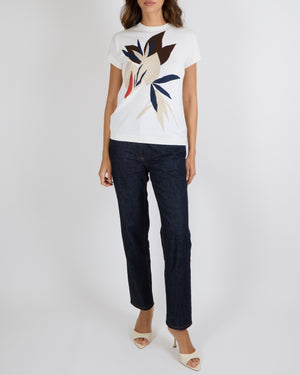 Loro Piana White Knit Short-Sleeved T-Shirt with Beige, Blue and Orange Flower Print Size IT 44 (UK 12)