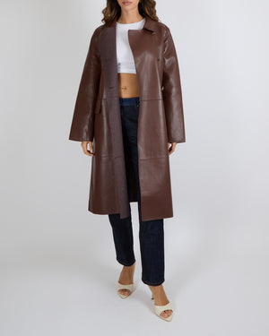 Yves Salomon Long Double-Breasted Coat in Merlot Lambskin Leather with Brown Tortoiseshell Buttons Size FR 42 (UK 14) RRP £2,880