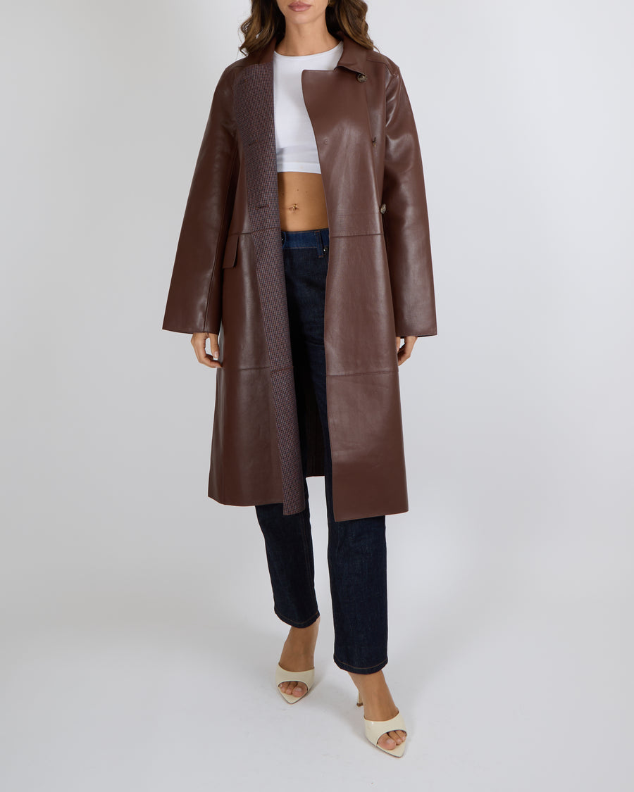 Yves Salomon Long Double-Breasted Coat in Merlot Lambskin Leather with Brown Tortoiseshell Buttons Size FR 42 (UK 14) RRP £2,880