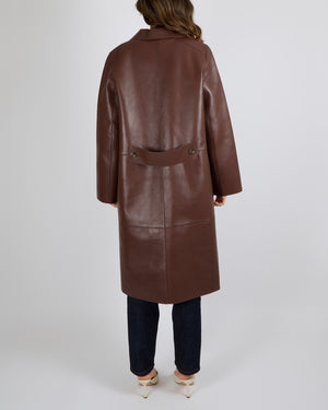 Yves Salomon Long Double-Breasted Coat in Merlot Lambskin Leather with Brown Tortoiseshell Buttons Size FR 42 (UK 14) RRP £2,880