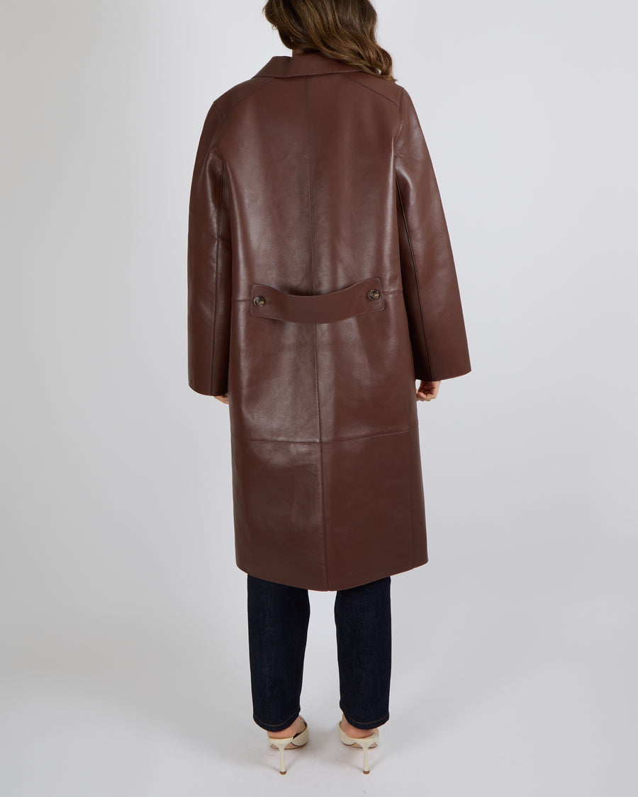 Yves Salomon Long Double-Breasted Coat in Merlot Lambskin Leather with Brown Tortoiseshell Buttons Size FR 42 (UK 14) RRP £2,880