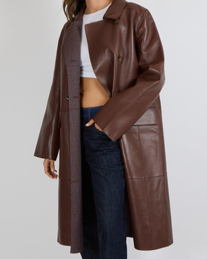 Yves Salomon Long Double-Breasted Coat in Merlot Lambskin Leather with Brown Tortoiseshell Buttons Size FR 42 (UK 14) RRP £2,880