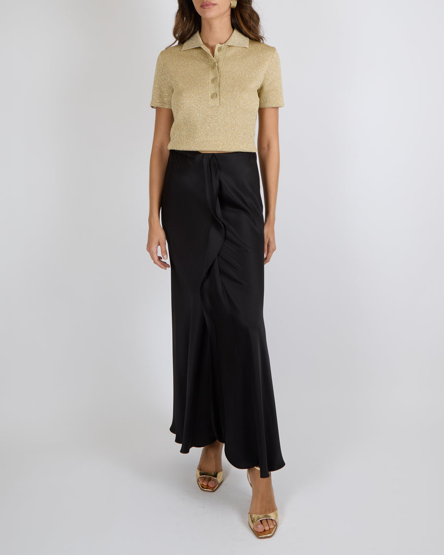 Giorgio Armani Fall 2024 Black Silk Midi Skirt with Front Ruffle Detail Size IT 42 (UK 10) RRP £1,555