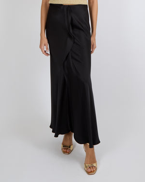 Giorgio Armani Fall 2024 Black Silk Midi Skirt with Front Ruffle Detail Size IT 42 (UK 10) RRP £1,555