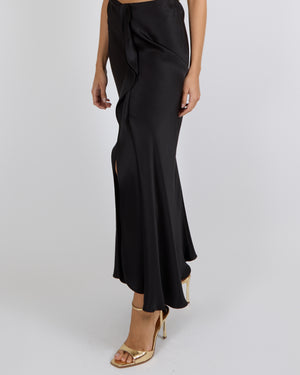 Giorgio Armani Fall 2024 Black Silk Midi Skirt with Front Ruffle Detail Size IT 42 (UK 10) RRP £1,555