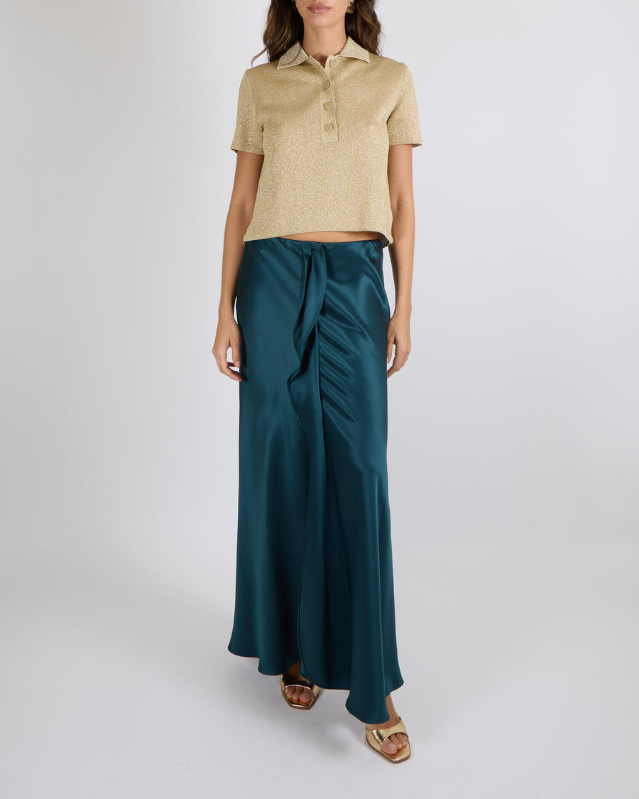 Giorgio Armani Fall 2024 Petroleum Green Silk Midi Skirt with Front Ruffle Detail Size IT 42 (UK 10) RRP £1,555