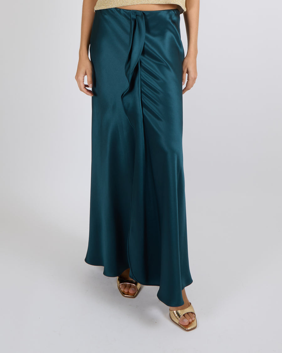 Giorgio Armani Fall 2024 Petroleum Green Silk Midi Skirt with Front Ruffle Detail Size IT 42 (UK 10) RRP £1,555