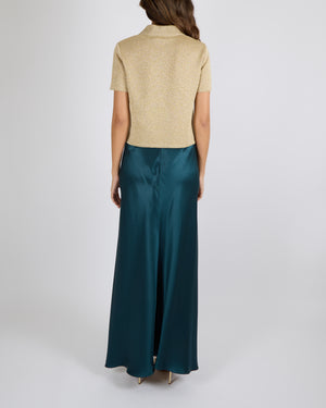 Giorgio Armani Fall 2024 Petroleum Green Silk Midi Skirt with Front Ruffle Detail Size IT 42 (UK 10) RRP £1,555