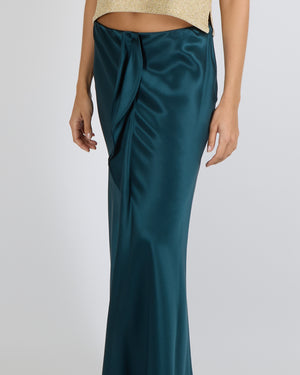 Giorgio Armani Fall 2024 Petroleum Green Silk Midi Skirt with Front Ruffle Detail Size IT 42 (UK 10) RRP £1,555