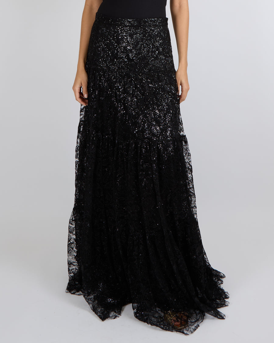 Ralph Lauren Purple Label Black Sequin Embellished Lace Maxi Skirt Size US 6 (UK 10) RRP £3,300