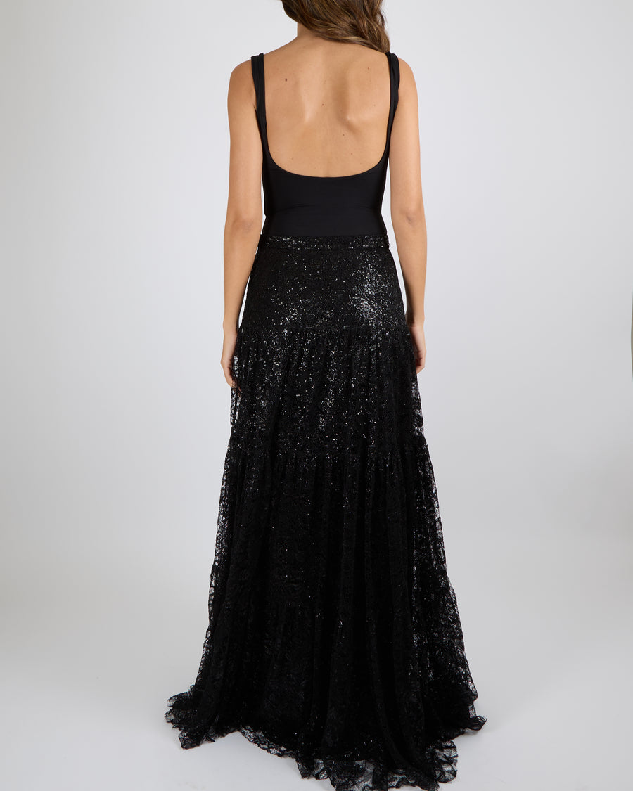 Ralph Lauren Purple Label Black Sequin Embellished Lace Maxi Skirt Size US 6 (UK 10) RRP £3,300