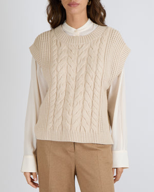 Varley Beige Cable Knit Sleeveless Pixie Relaxed Cable Tank Jumper Size M (UK 10)