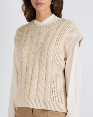 Varley Beige Cable Knit Sleeveless Pixie Relaxed Cable Tank Jumper Size M (UK 10)