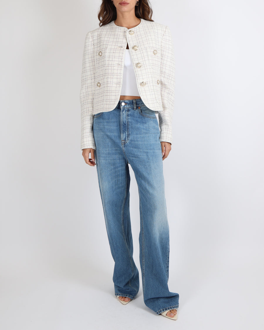 Elie Saab White Sequin Embellished Tweed Jacket with Pastel Multi-Colour Metallic Threads and Gold Buttons Size FR 42 (UK 14) RRP £1,980