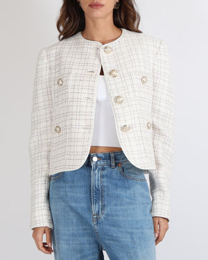 Elie Saab White Sequin Embellished Tweed Jacket with Pastel Multi-Colour Metallic Threads and Gold Buttons Size FR 42 (UK 14) RRP £1,980