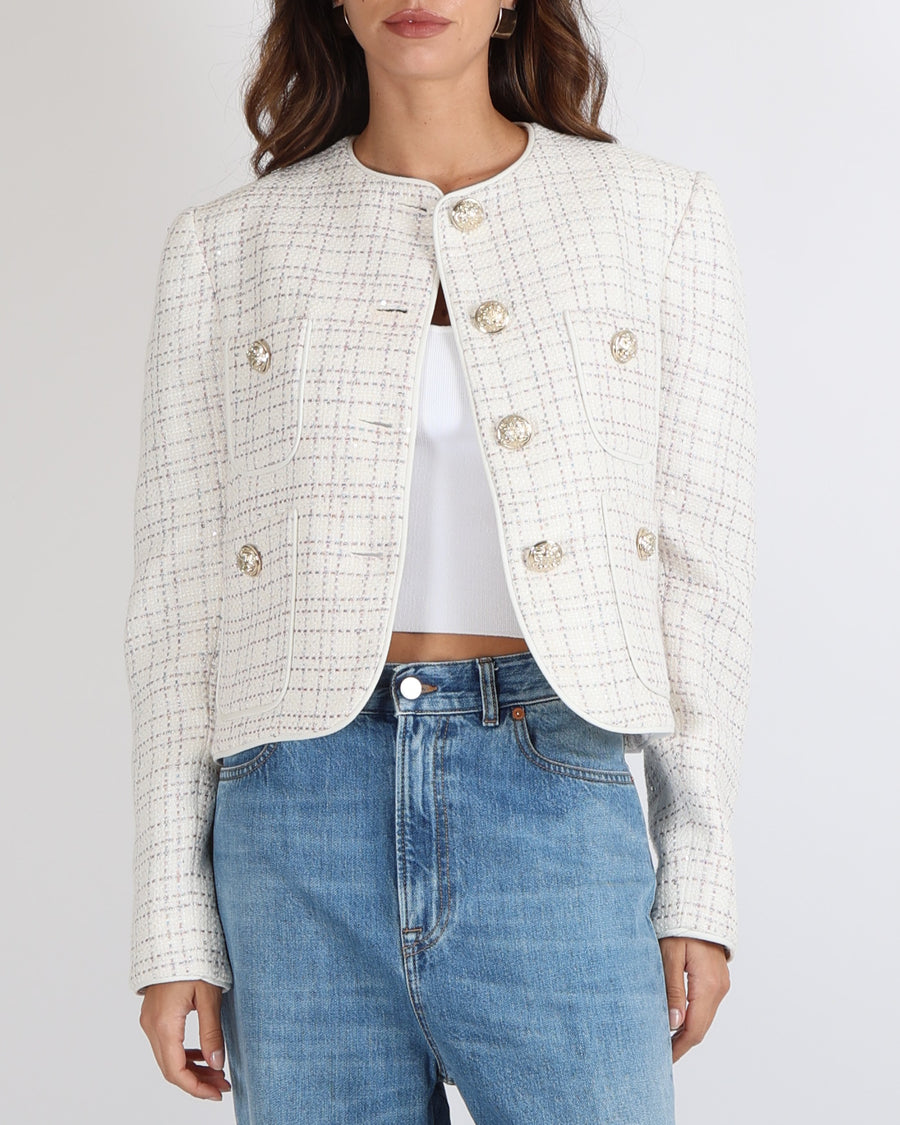 Elie Saab White Sequin Embellished Tweed Jacket with Pastel Multi-Colour Metallic Threads and Gold Buttons Size FR 42 (UK 14) RRP £1,980