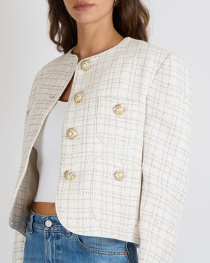 Elie Saab White Sequin Embellished Tweed Jacket with Pastel Multi-Colour Metallic Threads and Gold Buttons Size FR 42 (UK 14) RRP £1,980