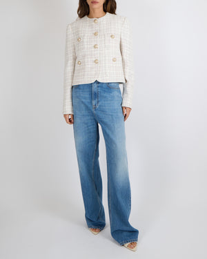 Elie Saab White Sequin Embellished Tweed Jacket with Pastel Multi-Colour Metallic Threads and Gold Buttons Size FR 42 (UK 14) RRP £1,980