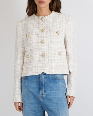 Elie Saab White Sequin Embellished Tweed Jacket with Pastel Multi-Colour Metallic Threads and Gold Buttons Size FR 42 (UK 14) RRP £1,980