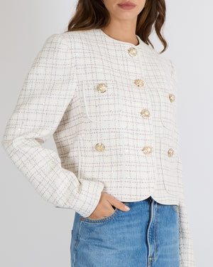 Elie Saab White Sequin Embellished Tweed Jacket with Pastel Multi-Colour Metallic Threads and Gold Buttons Size FR 42 (UK 14) RRP £1,980