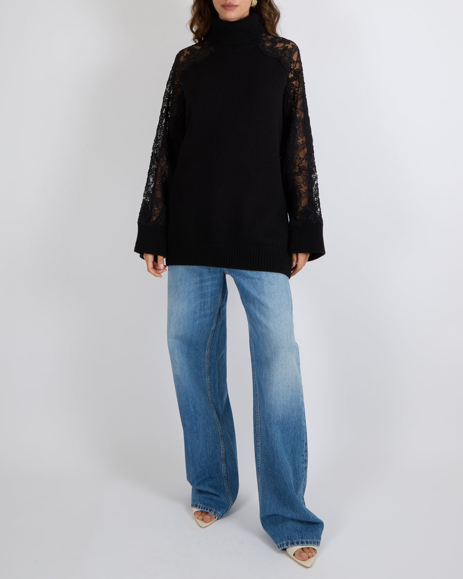 Elie Saab Black Wool and Cashmere Blend High Neck Jumper with Lace Sleeves Size M (UK 10)