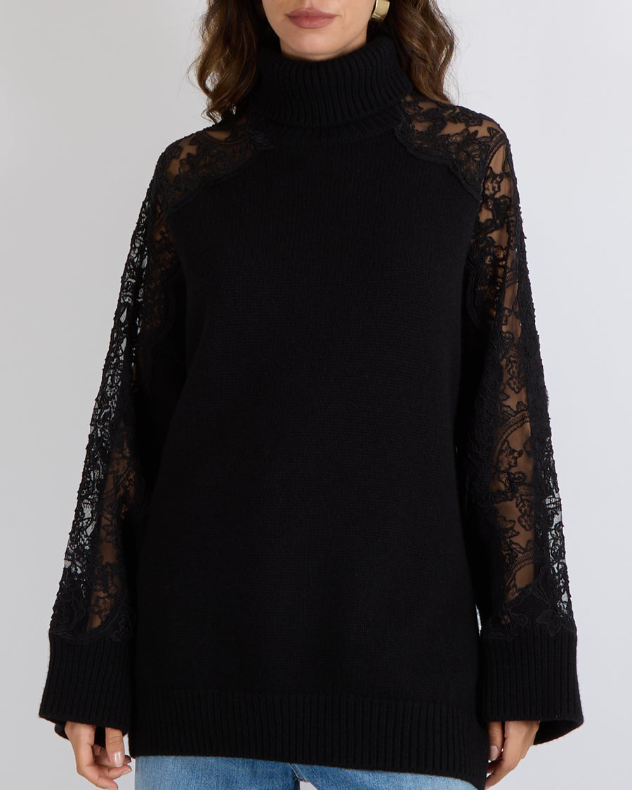Elie Saab Black Wool and Cashmere Blend High Neck Jumper with Lace Sleeves Size M (UK 10)