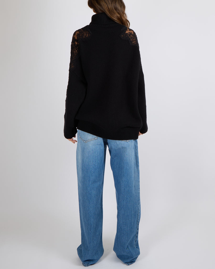 Elie Saab Black Wool and Cashmere Blend High Neck Jumper with Lace Sleeves Size M (UK 10)
