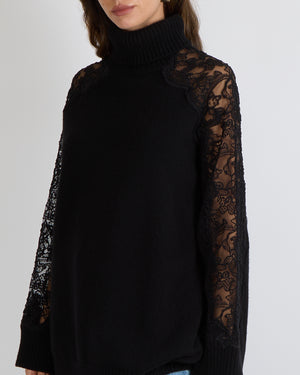 Elie Saab Black Wool and Cashmere Blend High Neck Jumper with Lace Sleeves Size M (UK 10)