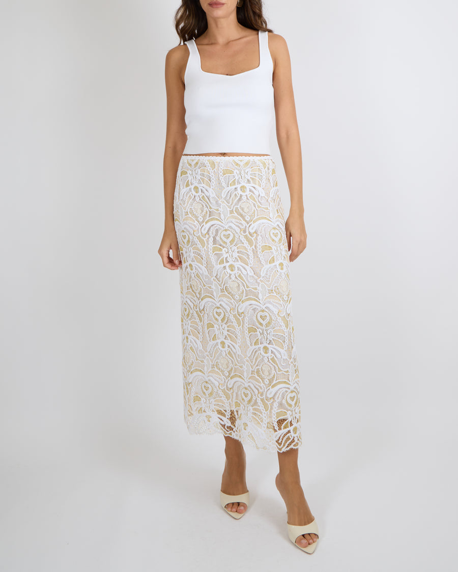 Fabiana Filippi White and Green Crochet Midi Skirt Size XS (UK 6/8) RRP £1,250