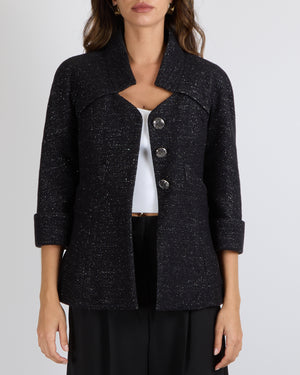 Chanel Metiers d'Art 2018 Black and Silver Wool Jacket with Logo Buttons Size FR 36 (UK 8)