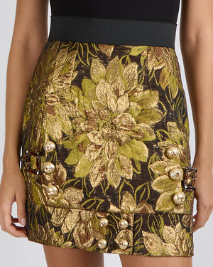Dolce & Gabbana Black and Gold Floral Mini Skirt with Crystal Details Size IT 38 (UK 6)&nbsp;