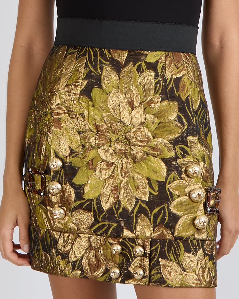 Dolce & Gabbana Black and Gold Floral Mini Skirt with Crystal Details Size IT 38 (UK 6)&nbsp;